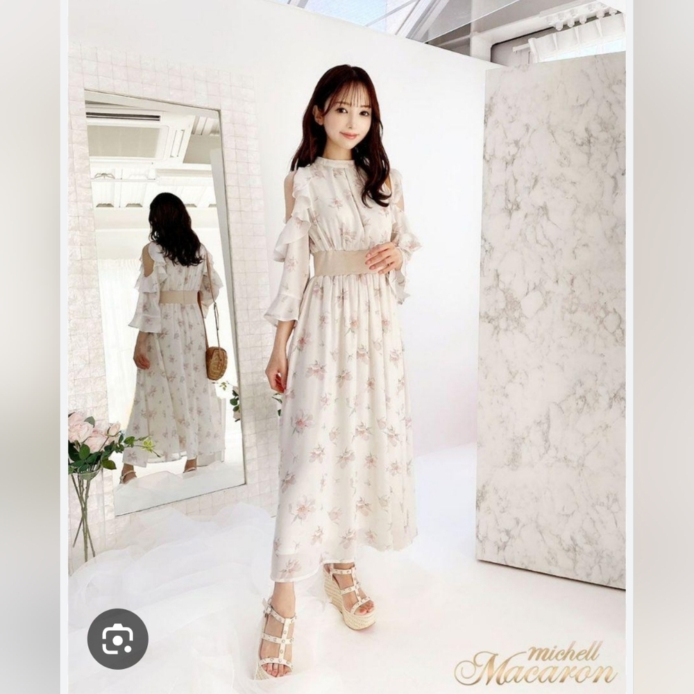 Michelle Macaron Frilly Floral White Maxi Long One Piece Dress